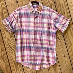 Vintage 1980s Plaid Cotton Madras Popover Short Sleeve Button Down - Men's M